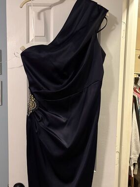 Eliza J Navy One-Shoulder Satin Cocktail Dress with Beaded Accent